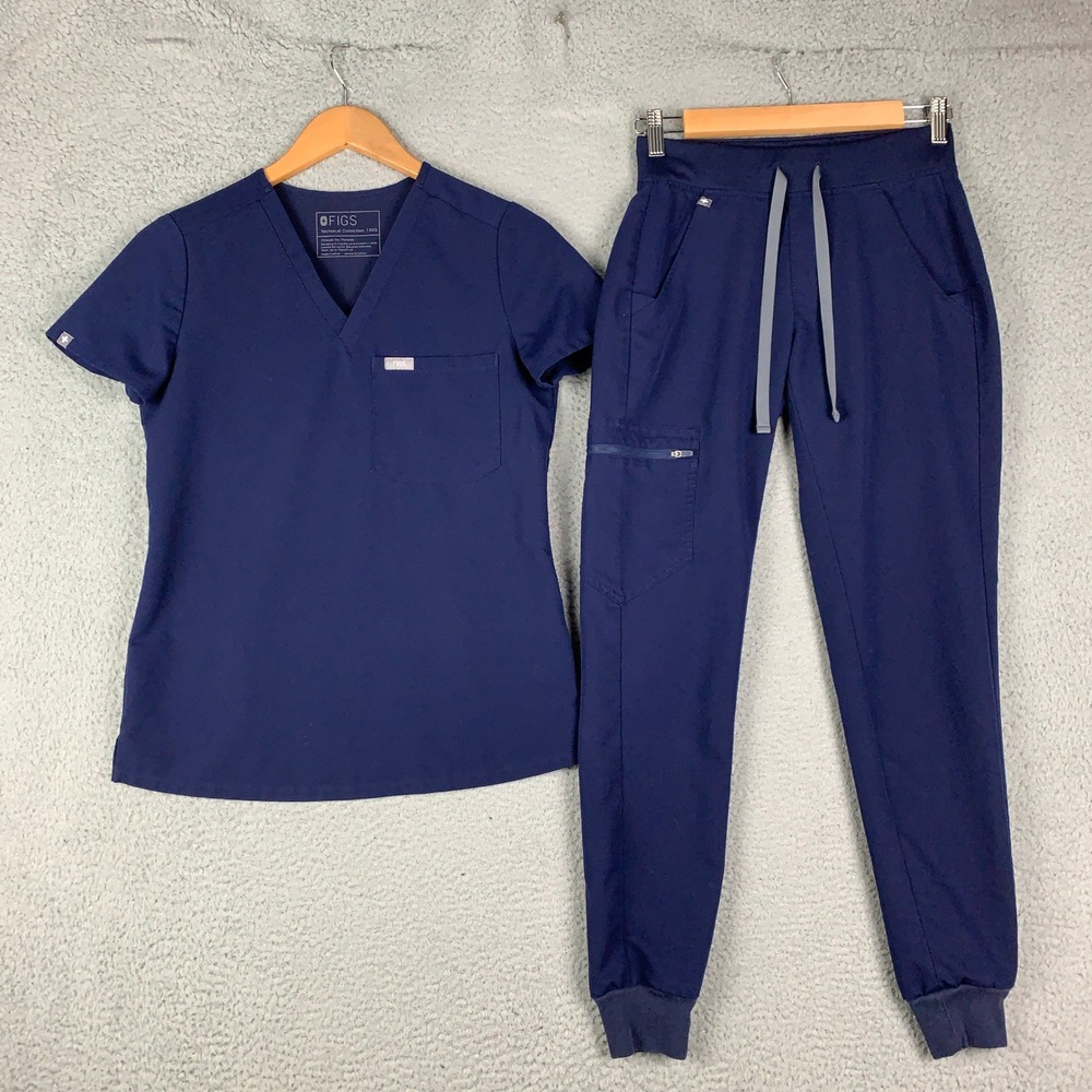 Figs Scrub Set Womens XXS Catarina Top & Zamora Jogger Pants Navy V-Neck Medical